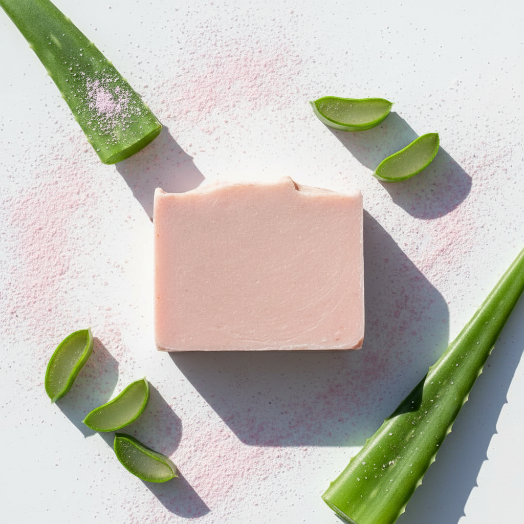 Calamine & Aloe Soap Bar, rectangular soft pink handcrafted soap with aloe leaves and calamine powder