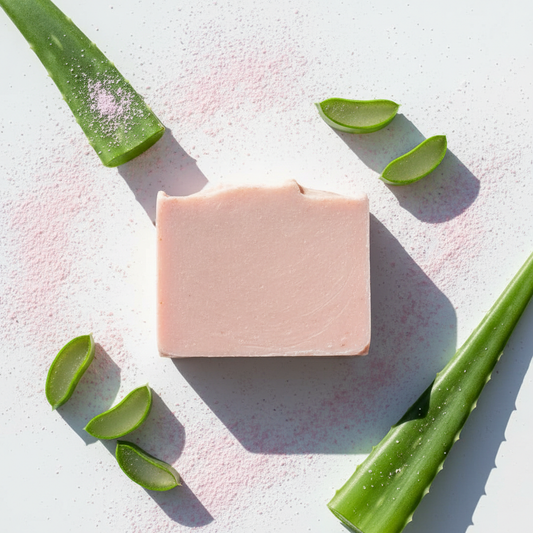 Calamine & Aloe Soap Bar, rectangular soft pink handcrafted soap with aloe leaves and calamine powder