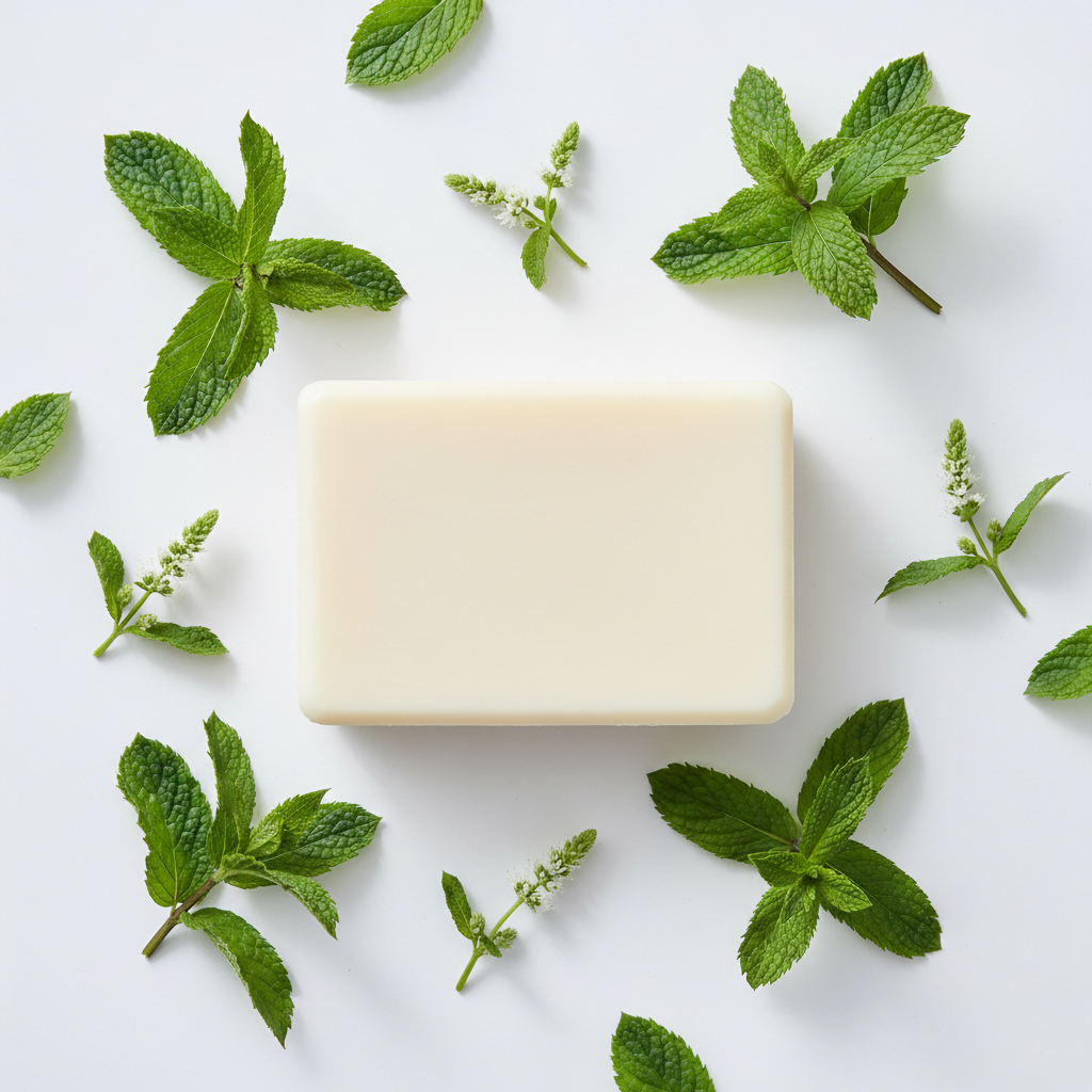 Peppermint Bar Soap, creamy white rectangular handcrafted soap with peppermint leaves