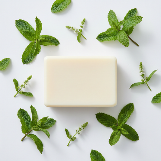 Peppermint Bar Soap, creamy white rectangular handcrafted soap with peppermint leaves