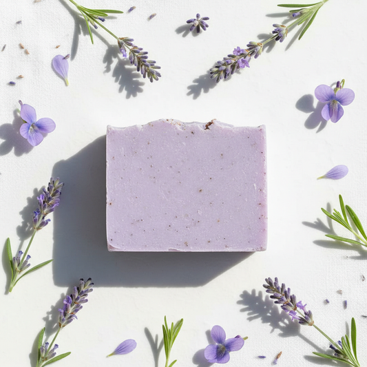 Lavender Bar Soap, light purple rectangular handcrafted natural soap bar with lavender sprigs