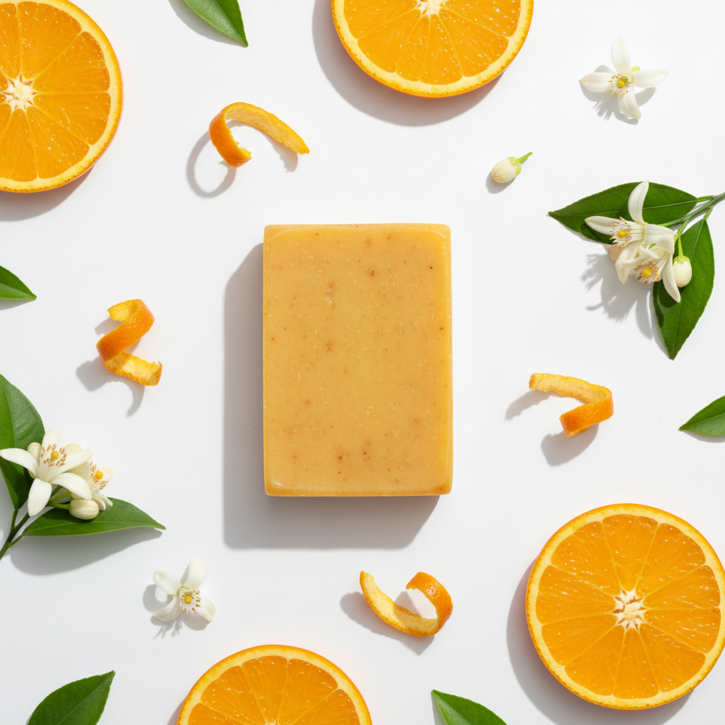 Orange Bar Soap, yellow-orange rectangular handcrafted soap with orange essential oil and orange peel powder